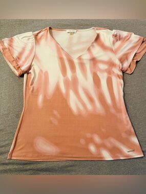 Calvin Klein Women's White and Peach V-Neck Tee